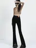 Pantalones vaqueros negros ajustados con abertura para mujer Primavera 2024 Nuevos de cintura alta con drapeado, corte ajustado, adelgazantes, acampanados para personas bajitas