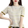 Suéter calado de hilo de algodón 100% a rayas para mujer, manga corta, nuevo primavera-verano 2024, sencillo, cuello redondo, manga media, camisa básica
