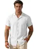 Moda Masculina de Verão Transfronteiriça Cor Sólida Gola Lapela Manga Curta Versátil Algodão Linho Camisa Design Chique Estilo Fashionável Camisa