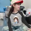 Camiseta Manga Longa Color Block Gola Redonda para Meninas Infantil De Rong Estilosa Base Aconchegante para Outono/Inverno Top Versátil