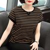 Camiseta de manga corta de talla grande 2023 para mujer, holgada, a rayas, de verano, de media manga, estilo coreano, informal, de algodón puro