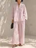 Estación Independiente Rayas Rosas Holgado Casual Cardigan de Manga Larga para Mujer Pantalones de Pierna Ancha Conjunto de Dos Piezas Ropa de Casa Moda Estilo Moderno