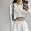 Estilo japonês novo para meninas primavera e outono cor sólida solto gola redonda umbigo exposição sexy nicho estudantes estilo americano moletom curto feminino