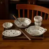 Juego de cubiertos para una persona, juego de cuenco y plato de cerámica, cuenco de arroz de cerámica rústica vintage, platos para restaurante en casa, cuencos y bandejas al por mayor