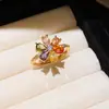 Anel Delicado de Flor com Zircônia Banhado a Ouro Real na Cor Dopamina, Anel de Dedo Indicador de Luxo Leve de Alta Qualidade, Joia Feminina da Moda