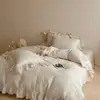Juego de Cuatro Piezas de Algodón Lino Waffle Francés con Volantes de Encaje Funda Nórdica 100% Algodón Lino Ropa de Cama Femenina Apta para la Piel