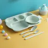Plato de Cena Infantil Plato Dividido de Paja de Trigo con Tazón Palillos Cuchara Juego de Vajilla Guardería Cantina Plato de Comida Rápida Comercial