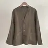 Traje Simple de Color Bloqueado con Botones de Fibra de Cáñamo Seleccionada, sin Hombros, sin Cuello, Chaqueta Casual para Hombre para Primavera y Otoño 5637