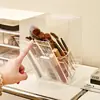 Organizador de Brochas de Maquillaje para Escritorio de PET con Tapa abatible, Soporte para Lápices de Cejas, Pincel de Sombras, Compartimento para Labiales y Brillos de Labios, Caja de Almacenamiento