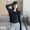 Camiseta Feminina de Algodão Puro Outono, Manga Longa, Ombro Normal, Corte Petite Curto, Camisa Básica Versátil Emagrecedora de Cintura Alta para Mulheres
