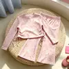 Conjunto Doce Estilo Coreano para Bebês Meninas Outono Inicial, Blusa com Cordões Laterais, Calça Ligeiramente Flare, Conjunto Elegante de Duas Peças para Roupa Externa