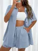 2024 Moda Transfronteiriça AliExpress Shorts Terno Camisas de Cor Sólida Duas Peças Mulheres Casual Solto Manga Curta Abotoamento Simples