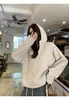 Sudadera Corta de Color Puro con Media Cremallera para Mujer Otoño Nueva Holgada Casual Gris Chaqueta con Capucha Estilo Americano 110510