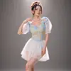 Traje de baño puro y fresco estilo falda floral azul verdosa para mujer con mangas abullonadas, falda corta transparente, que oculta la barriga, adelgazante, traje de baño para vacaciones de viaje
