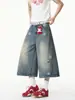 Shorts de Mezclilla Lavada con Estampado de Estrellas Transfronterizos para Hombres y Mujeres, Pantalones Cortos Desgastados de Moda de Verano, Pantalones Holgados Casuales de Longitud Media