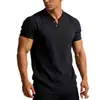 Camiseta de Manga Corta de Algodón y Lino con Cuello en V para Hombre de Comercio Exterior Transfronterizo, Tops de Camisa de Lino de Color Sólido de Manga Corta con Dos Botones Ajustados para Hombre