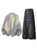 Camisa Cardigan Jacquard Estilo Americano Nuevo de Primavera y Otoño Conjunto Casual Pantalones Casuales de Pierna Recta Sueltos con Estampado a Cuadros