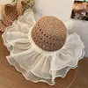 Sombrero de paja para mujer, novedad de verano 2025, sombrero de paja hueco para viajes, protección solar, sombrero de playa con ala grande, sombrilla.