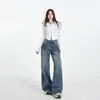 Jeans Anchos de Pierna Larga Lavados con Remaches y Forro Polar Naranja Infantil con Estampado de Bambú para Mujer, Cintura Baja Adelgazantes, Pantalones de Moda y Versátiles de Largo Completo