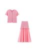 Verão 2025 Zr Novo Estilo Europeu e Americano Duas Cores Camada Decorativa Gola Redonda Malha Top + Bainha Plissada Costurada Agulha