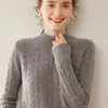 26 Suéter de Cachemir Nuevo de Cuello Medio para Otoño/Invierno para Mujer, Grueso de Color Sólido Tejido de Punto Trenzado Holgado Agradable para la Piel Suéter Base de Punto