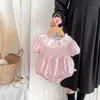 Macacão de Verão Novo para Meninas com Manga Bufante Curta, Wrap, Roupas para Gordas, Macacão Doce de Renda com Gola de Boneca para Bebê