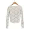 AY822-26 Otoño Coreano Suave Fragante Oxígeno Belleza Chica Estilo Puro Deseo Cuello U Grande Encaje Manga Larga Camiseta Camiseta Básica para Mujer