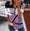 Camiseta de Manga Corta con Estampado de Bloques de Color Transfronterizo Europeo y Americano, Cuello Alto Simple, Media Cremallera, Bloques de Color, Corte Holgado, Top Casual para Mujer