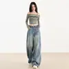 Jeans Retrô Azul Claro Largo Preguiçoso para Mulheres Primavera e Verão 2025 Novo Cintura Alta Solto Caimento Reto Comprimento Total