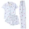 Pijama de Tres Piezas con Estampado Estilo Europeo y Americano Transfronterizo para Mujer, Dibujos Animados de Manga Corta, Pantalones Largos y Shorts, Conjunto Casual para el Hogar para Mujer