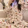 Fonte(Pode ser menor quando embalado) Pijama Cardigan com Lapela Feminino Manga Longa Calça Longa Seda Leite Desenho Roupão