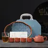 Juego de té de viaje de arcilla púrpura, que incluye una tetera y cuatro tazas, juego de té kung fu portátil para exteriores, tetera y tazas Fengming, juego de regalo de alta gama