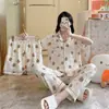 Primavera y Verano Dibujos Animados Dulce Lindo Pantalones de Manga Larga Ropa de Abrigo Cárdigan Nubes Algodón Ropa para el Hogar Traje de Alta Calidad Pijama para Mujer