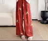 Novas Calças de Algodão Largas Florais Douradas Clássicas para Mulheres, Finas, Soltas, Retas, Casuais, Longas, Cintura Alta, Caimento Fluido, Três Tamanhos