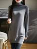 Vestido de suéter interno solto com gola alta de lã 100, outono e inverno feminino, 2024, suéter de lã de comprimento médio e espessado com fios duplos