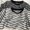 Camiseta Casual de Manga Curta Listrada com Glitter Exquisito Estilo K para Mulheres com Gola Redonda de Cor Contrastante Versátil Top Solto para o Verão