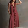 Moda Feminina Casual de Verão 2026 Estilo Resort Transfronteiriço Europeu e Americano Novo Vestido Longo Decote V Fashion Color Sólida Sem Mangas