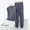 Conjunto de Modal sin Mangas Tallas Grandes para Mujer Primavera/Verano Cuello Redondo Top Adelgazante Holgado Pantalones Cónicos de Cintura Alta Conjunto de Dos Piezas Pijama