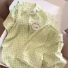Pijama de Urso Autodepreciativo Xadrez Verde para Mulheres, Novo Conjunto de Verão com Shorts de Manga Curta, Roupa de Casa para Dormitório Estudantil