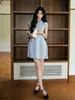 Vestido de Punto Avenemen/Cuello de Muñeca/Manga Corta Abullonada Cintura Ceñida Falda Línea A Falda Corta para Mujer Verano