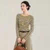 Suéter top de manga larga a rayas vintage de punto fino de lana merino ultrafina de 2613310-16 agujas para principios de otoño