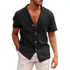 Amazon ebay verão quente gola lapela cor sólida manga curta botão camisa masculina algodão e linho camisa masculina roupas masculinas