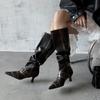 Botas Elegantes Europeas y Americanas de Piel Genuina para Mujer, Botas Individuales, No Más Altas que la Rodilla, Tacón Medio, Tacón Fino, Hebilla de Cinturón, Botas a Juego de Color