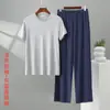 Conjunto Casual de Ropa para Estar en Casa para Hombre Verano Modal Holgado Tallas Grandes Cuello Redondo Manga Corta Algodón Seda Pantalones de Pierna Ancha Conjunto de Dos Piezas
