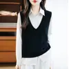 Colete Tricotado Gola V 100% Lã Pura para Mulheres, Outono e Inverno, Solto, Camada Externa, Sem Mangas, Suéter Colete Versátil