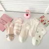 Meias novas de algodão para todas as estações, de corte baixo, femininas, rosa fresco, com flores pequenas e listras, estilo preppy, meias sapatilha femininas