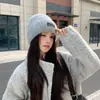 Gorro com Patch de Couro de Letra para Mulheres, Chapéu de Tricô Quente para Outono e Inverno, Chapéu Estilo Coreano para Afinar o Rosto