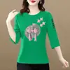 E-commerce Transfronteiriço Tamanho Plus Roupas para Mães Mulheres de Meia-Idade Camiseta de Manga Três Quartos Novo Estilo Chinês Valoriza a Silhueta Simples Estampa Design Sense Top