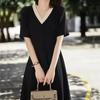 Vestido de Seda de Amora Preto para Mulheres, Novo Estilo Verão 2026, Decote V Elegante, Emagrecedor, Estilo College, Vestido de Seda para Figuras Baixas