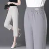 Calça Cinza Reta de Cintura Alta para Mulheres Baixas, Calça Cropped Fina para Mulheres de Meia-Idade e Idosas - Novo Estilo Verão 2026
